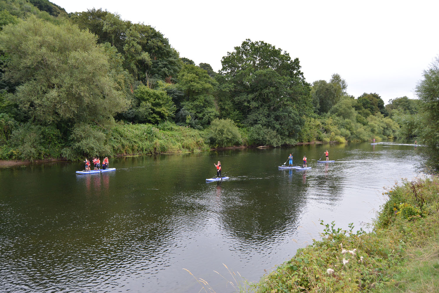 Group adventure stand-up paddle boarding on the River Wye Forest of Dean Wye Valley Wales